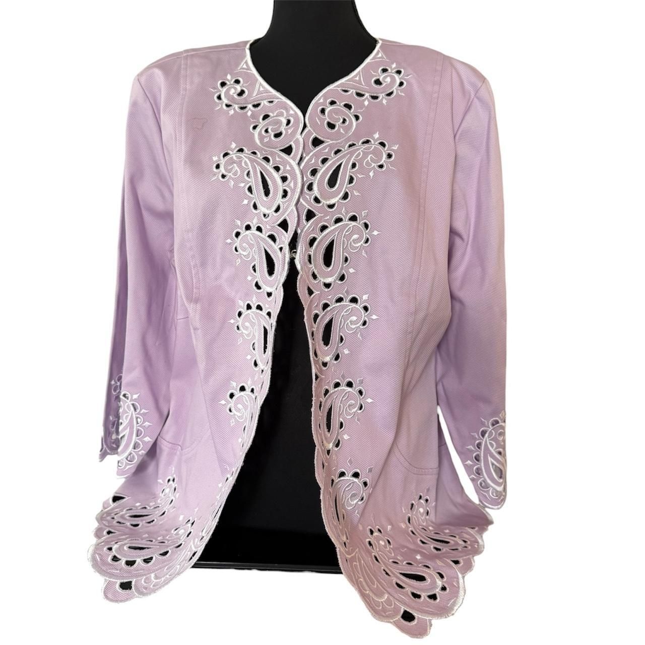 Bob Mackie Wearable Art Jacket 1x Lavender Eyelet Embroidery Paisley Open Front